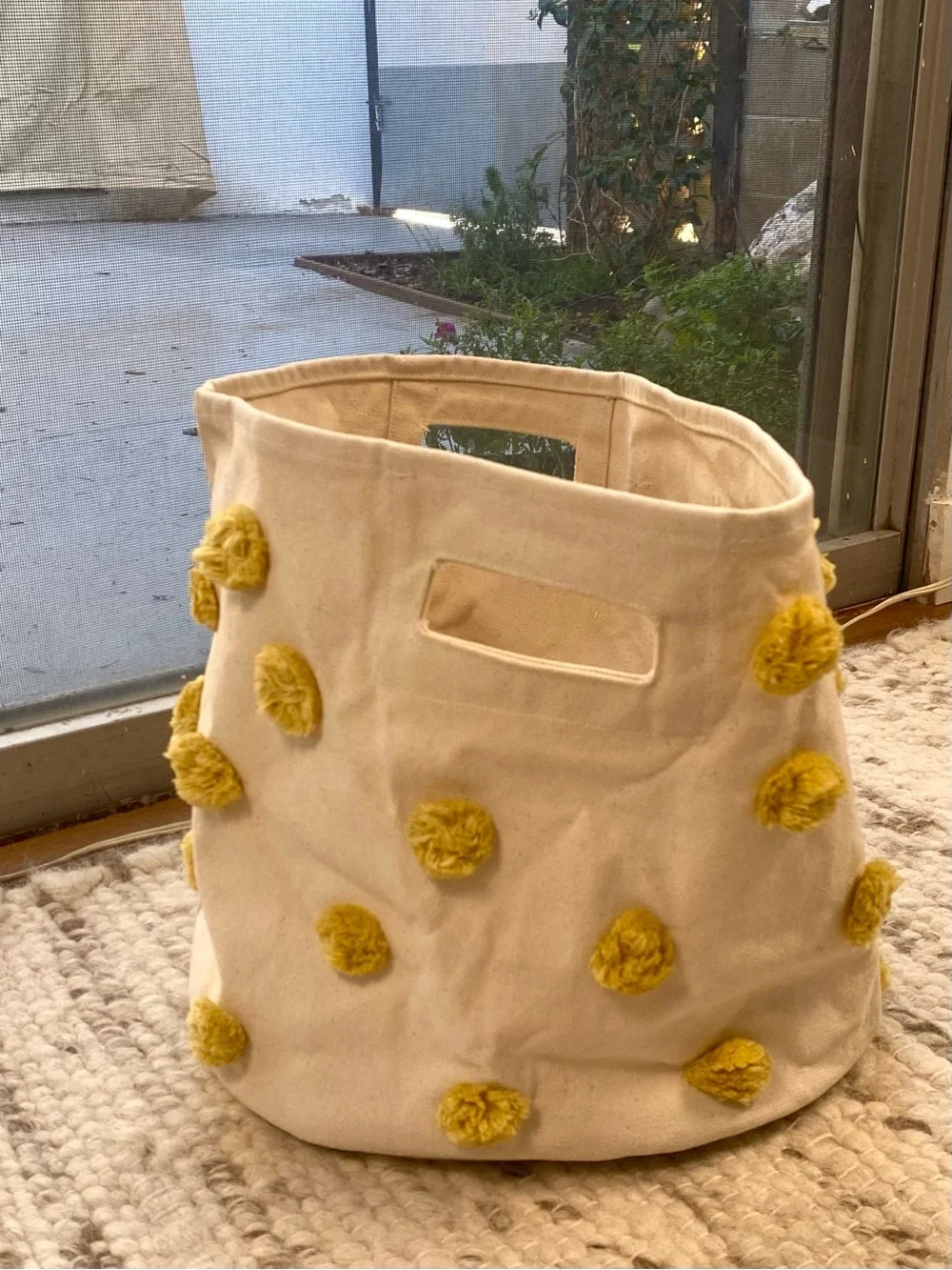 Pehr Pom Pom Yellow Cotton Storage Basket Bin Natural Dijon, Size Medium